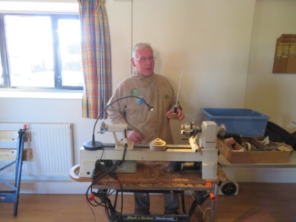 Keith making spool holders for lace makers